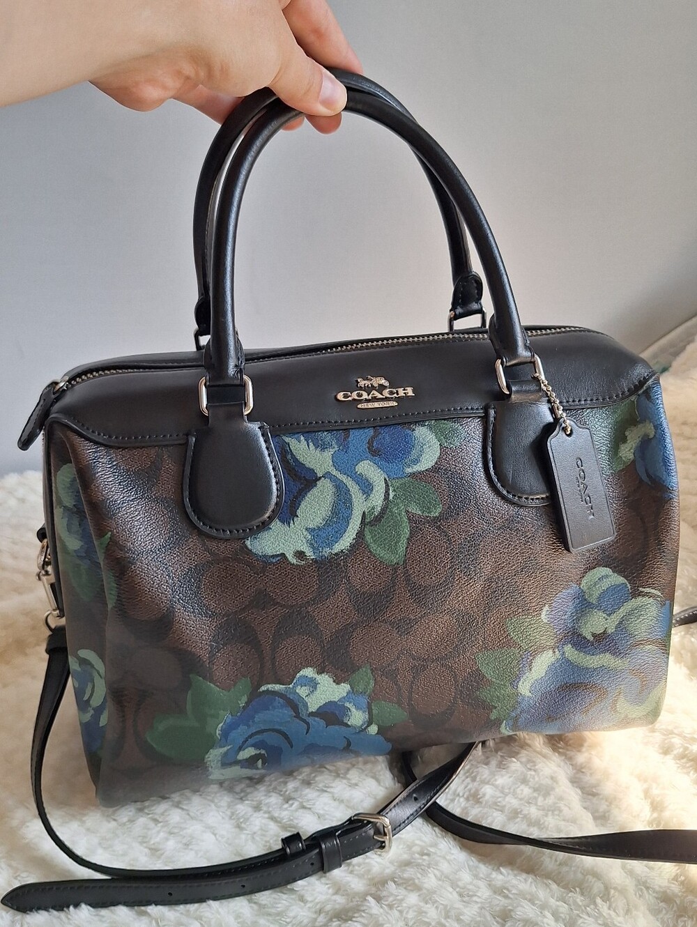 Coach Brown Signature Satchel with Blue & Green Floral Print